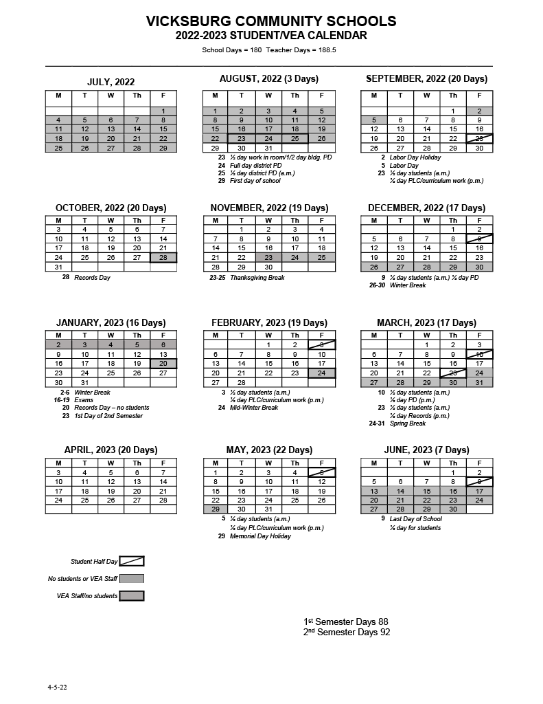 2022-2023 school calendar 